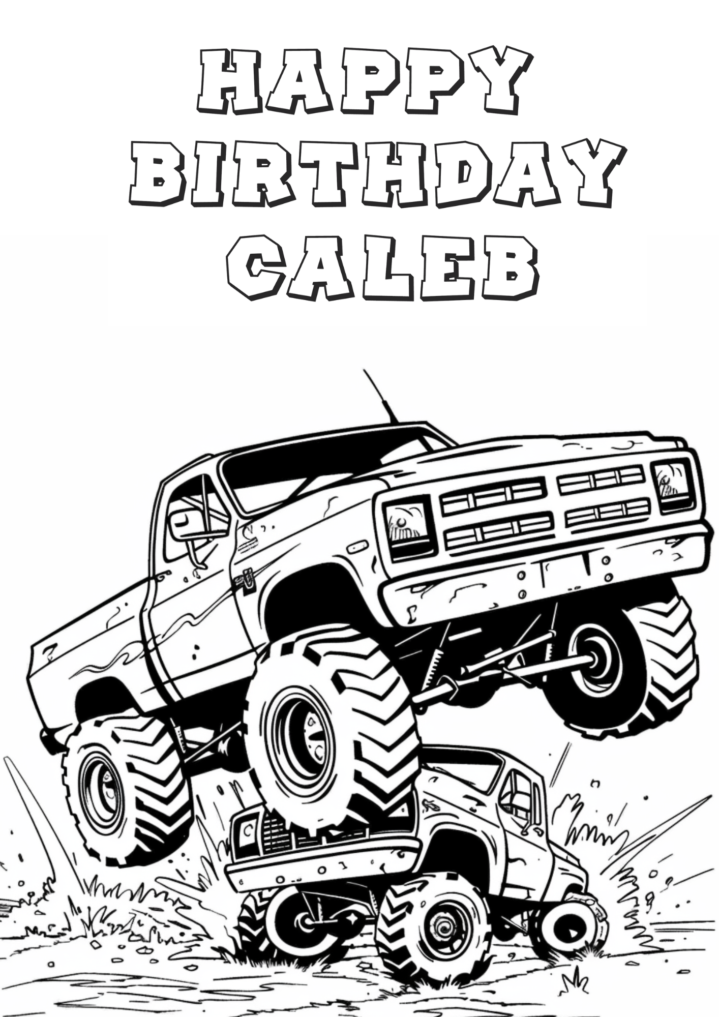 2 monster truck one flying in the air with happy bithday and kids name