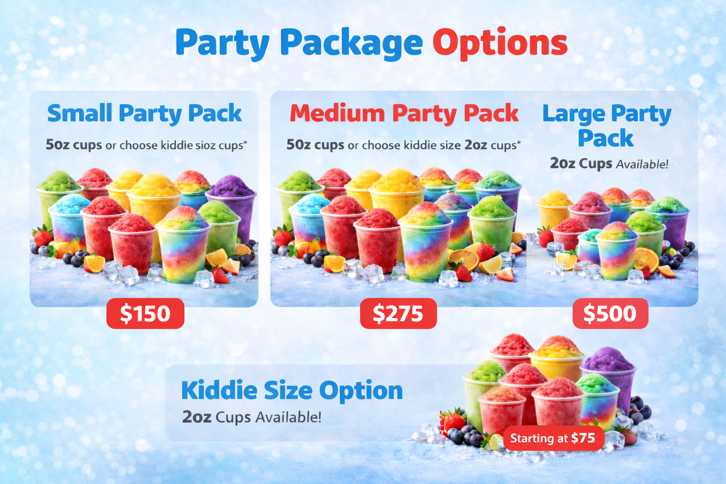 Sameli Sweet Treats party package options with bright water ice cups, including small, medium, large, and kiddie 2oz servings starting at $75.