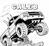 monster truck with front wheels in the air with kids name